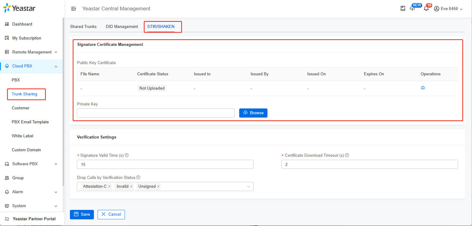 Configure STIR/SHAKEN on YCM