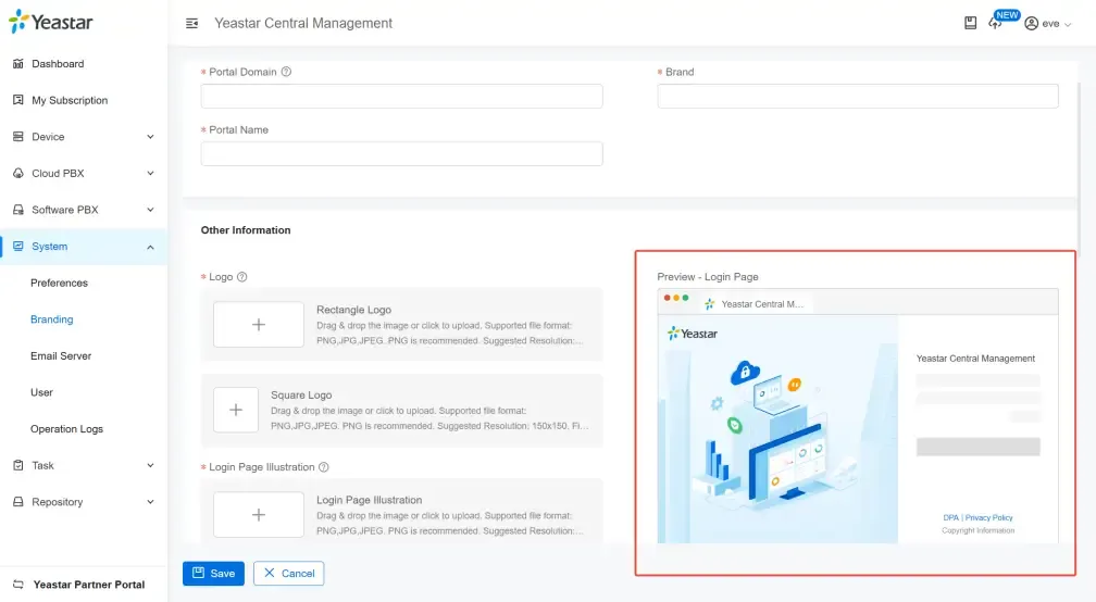 YCM White Label Template Configuration page