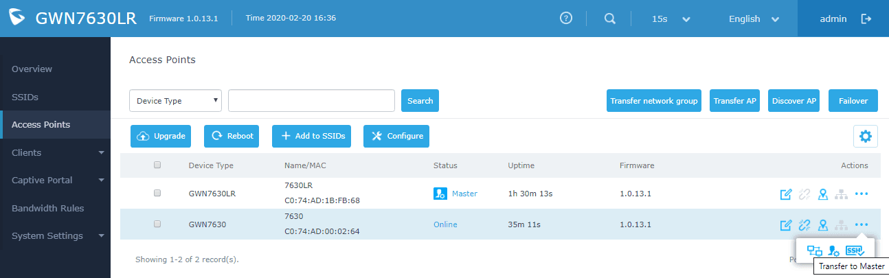 Fig.E GWN7630 Status Screen-Transfer to Master Wi-Fi Controller upper part of the image