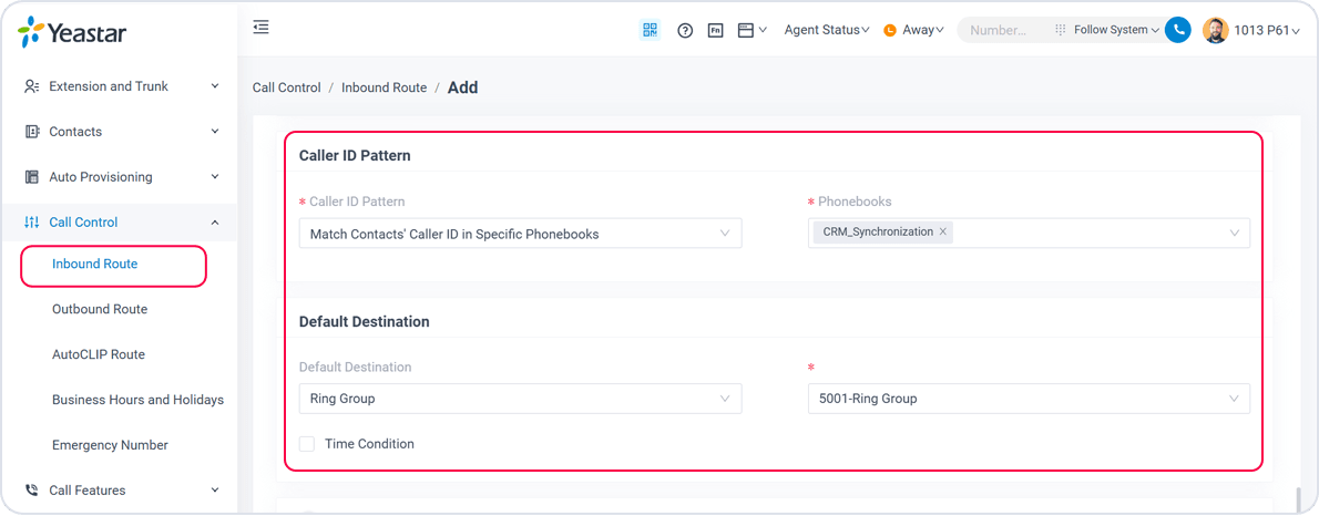 Interface Screenshot: configure phonebook matching rule on inbound route settings